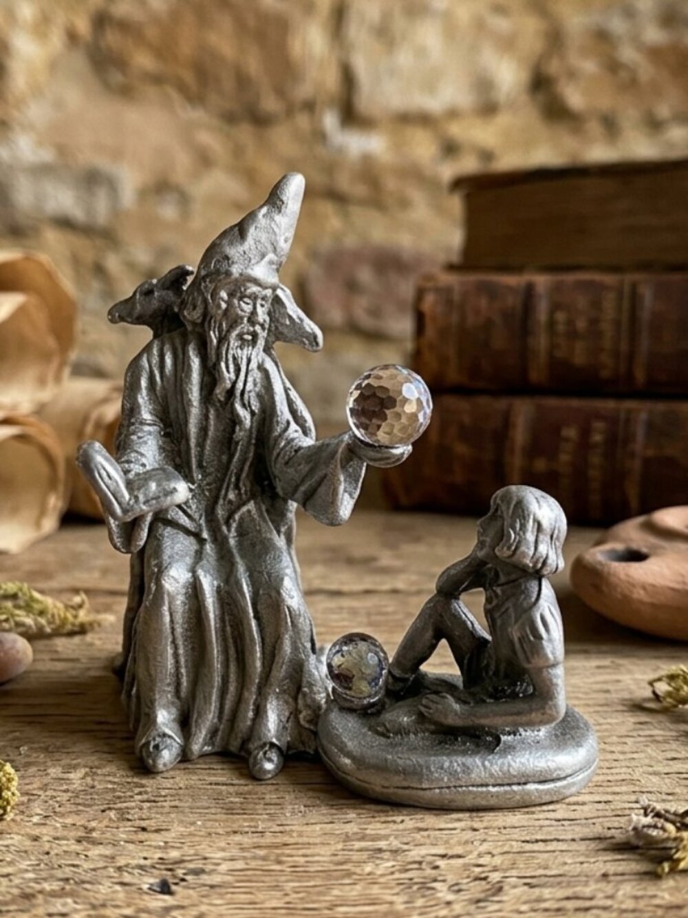 Vintage 1986 Gallo Fine Pewter Wizard Apprentice Figure Crystal Balls​